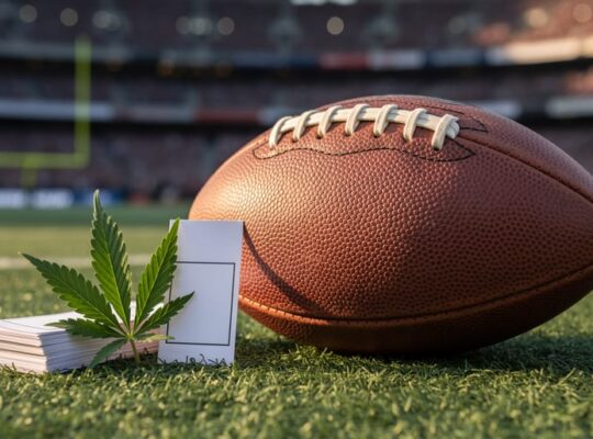 Close-up low-angle photo of a leather football on stadium turf next to a cannabis leaf and a small stack of blank betting tickets, with glowing stadium lights and a blurred crowd in the background, no visible branding or text.