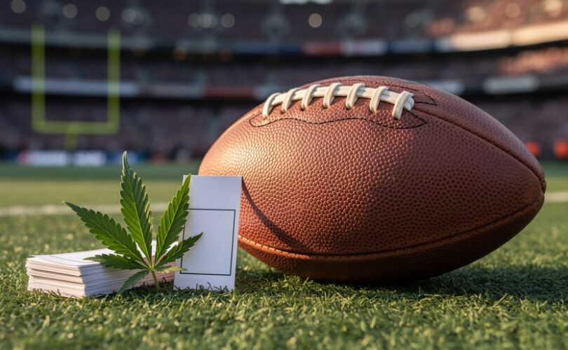 Close-up low-angle photo of a leather football on stadium turf next to a cannabis leaf and a small stack of blank betting tickets, with glowing stadium lights and a blurred crowd in the background, no visible branding or text.