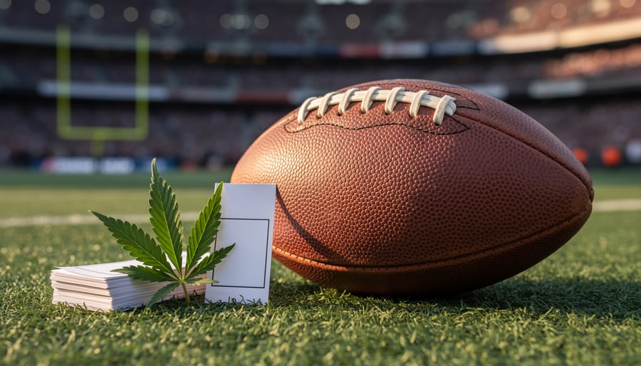 Close-up low-angle photo of a leather football on stadium turf next to a cannabis leaf and a small stack of blank betting tickets, with glowing stadium lights and a blurred crowd in the background, no visible branding or text.