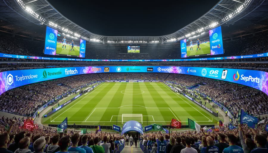Football stadium interior showing field, sponsor banners, and crowd during match