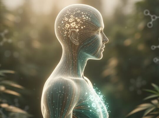 Profile silhouette with glowing network-like lines representing the endocannabinoid system in a calm, nature-inspired wellness setting.