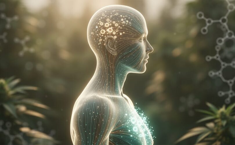Profile silhouette with glowing network-like lines representing the endocannabinoid system in a calm, nature-inspired wellness setting.