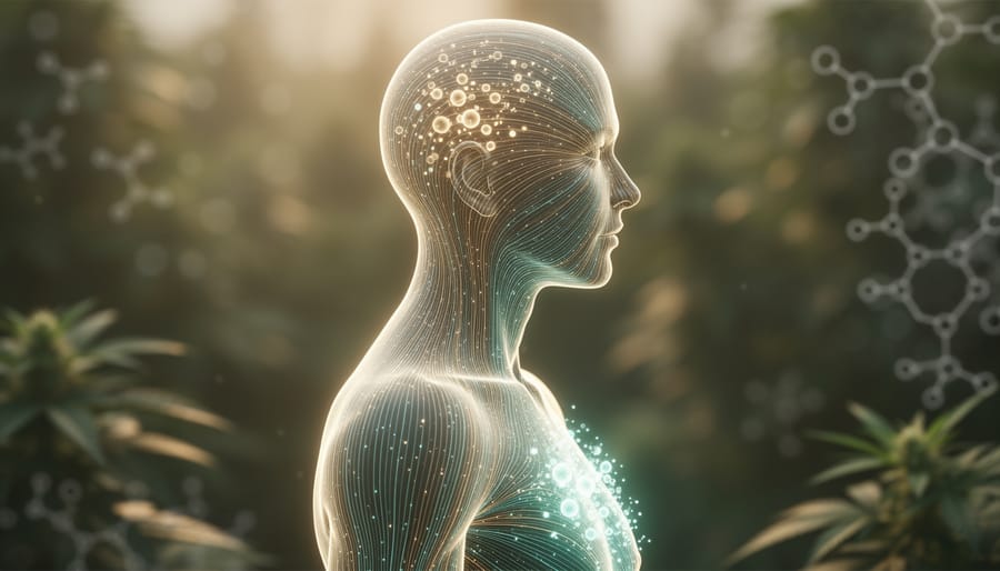 Profile silhouette with glowing network-like lines representing the endocannabinoid system in a calm, nature-inspired wellness setting.