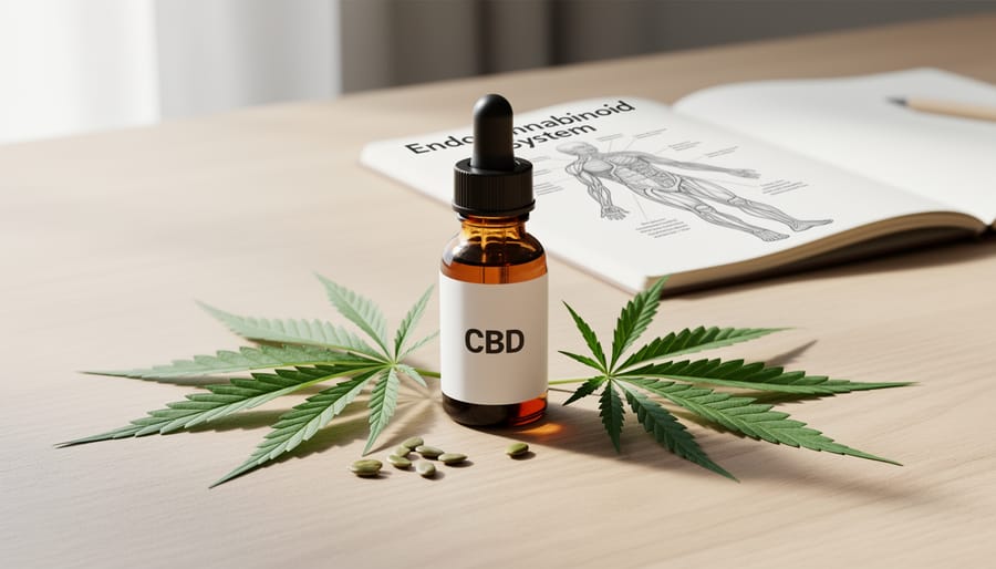 Golden CBD oil in a glass dropper placed next to fresh hemp leaves on a wooden surface.
