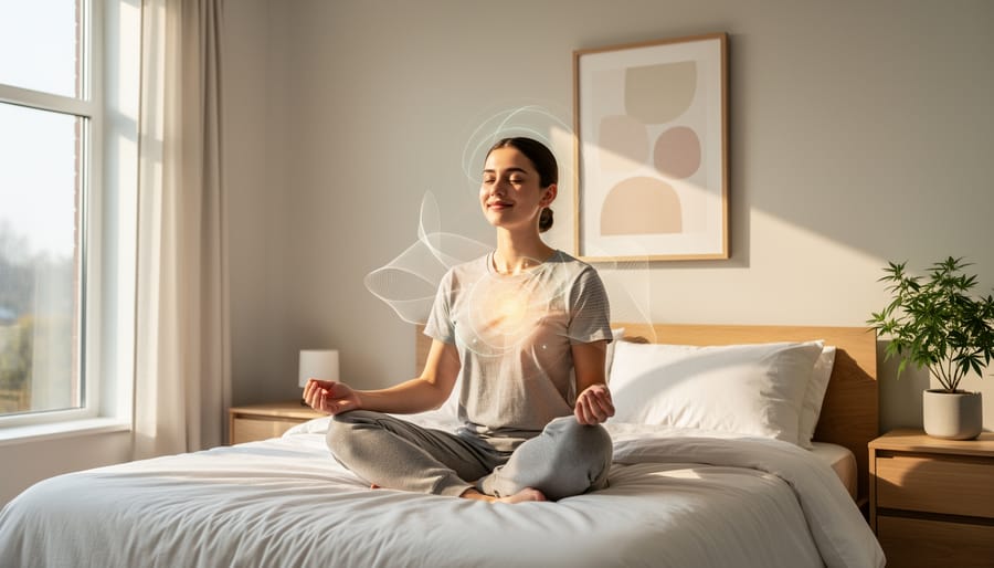 Person sitting calmly with eyes closed in soft natural light, conveying a sense of wellbeing linked to the body’s balance systems.