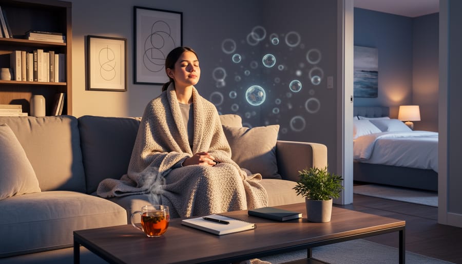 Person seated at home holding herbal tea with a cannabis leaf on a saucer beside them.