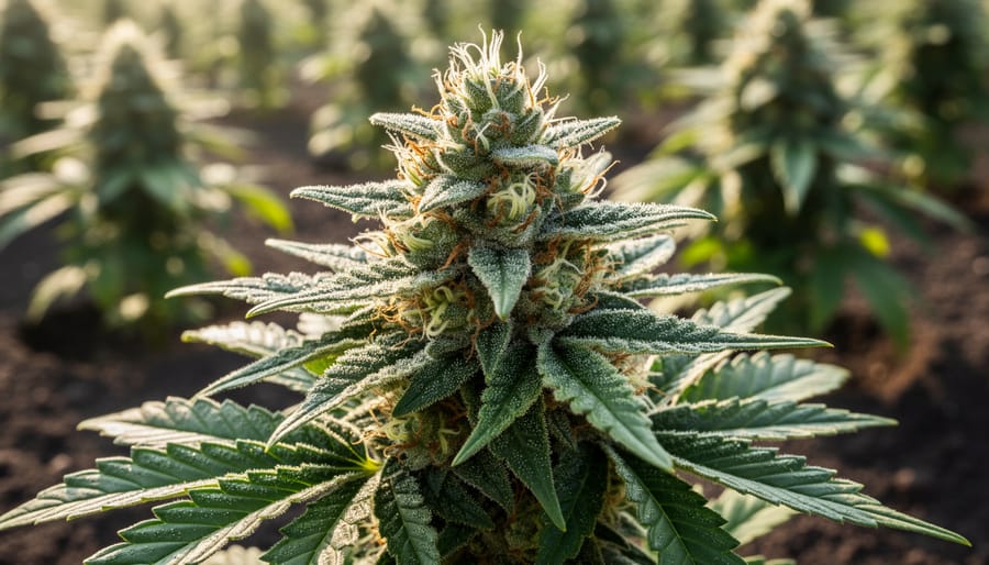 Close-up of cannabis flowering plant with sunlit trichomes and blurred green foliage background