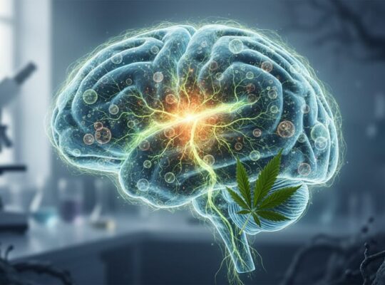 Glowing brain silhouette with neural pathways and subtle cannabis leaf motif, representing the endocannabinoid system and how cannabis compounds interact with it.