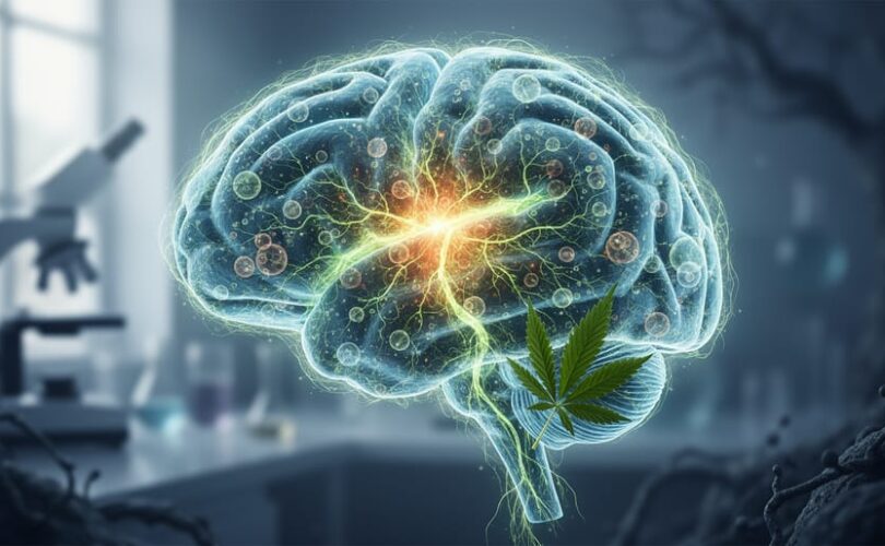 Glowing brain silhouette with neural pathways and subtle cannabis leaf motif, representing the endocannabinoid system and how cannabis compounds interact with it.