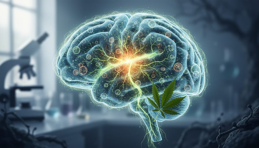 Glowing brain silhouette with neural pathways and subtle cannabis leaf motif, representing the endocannabinoid system and how cannabis compounds interact with it.