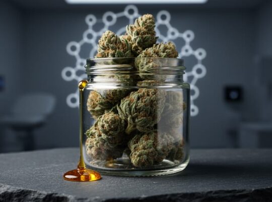 Close-up of cannabis buds and a drop of golden oil with soft circular bokeh patterns evoking the endocannabinoid system.