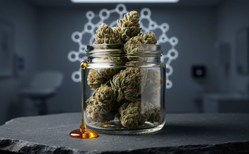 Close-up of cannabis buds and a drop of golden oil with soft circular bokeh patterns evoking the endocannabinoid system.