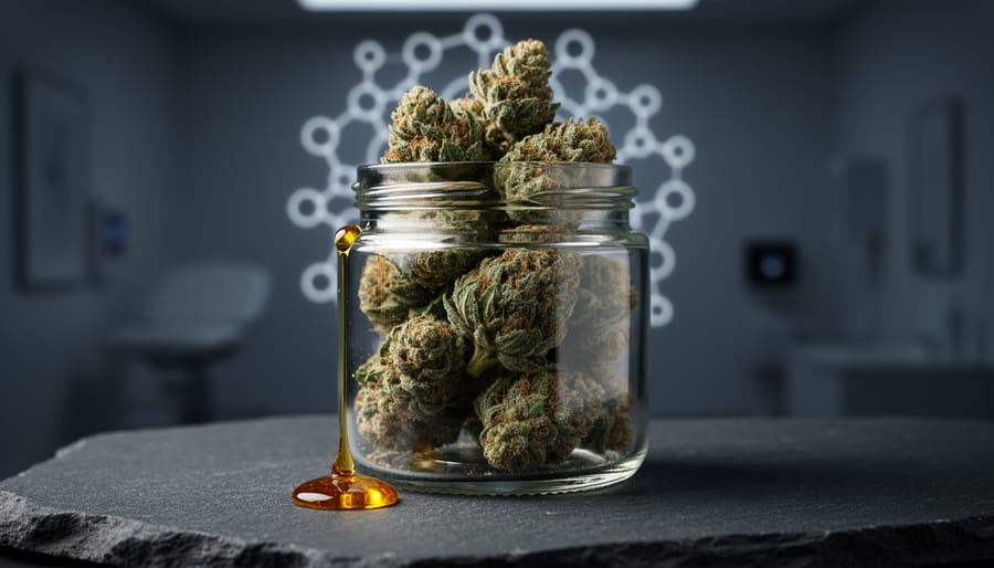 Close-up of cannabis buds and a drop of golden oil with soft circular bokeh patterns evoking the endocannabinoid system.