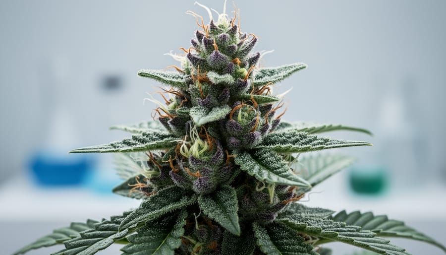 Close-up of a hand holding a cannabis flower bud in a clean medical setting.