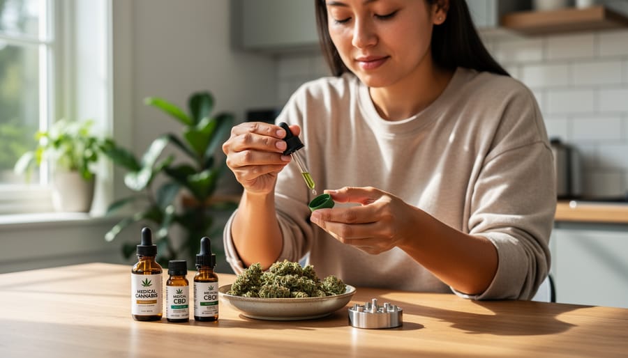 Person holding cannabis flower and oil bottle beside a heating pad in a warm living room setting