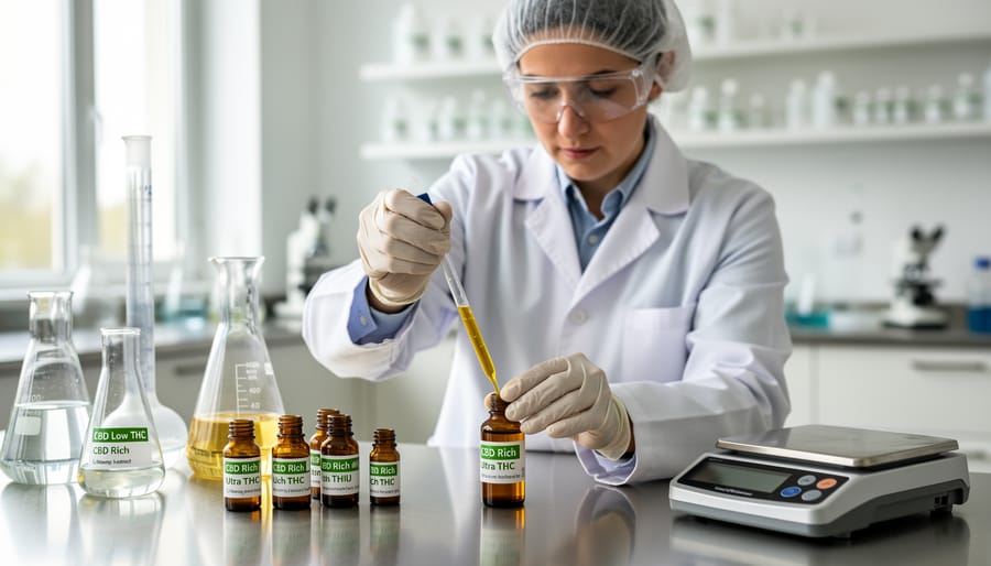 Close-up of amber CBD oil vial and dropper next to cannabis buds on a stainless tray in a lab setting