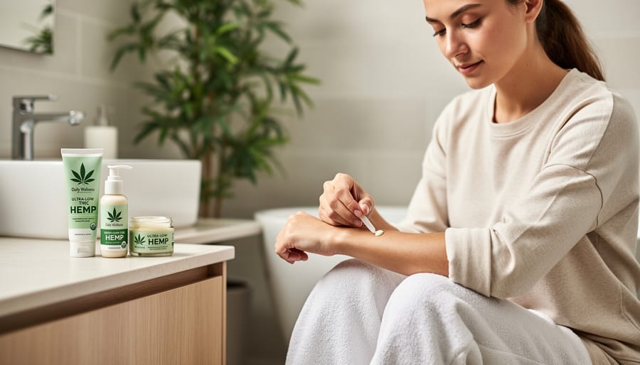Adult applying hemp-derived topical cream to their forearm in a home setting