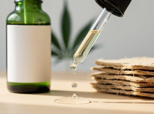 Close-up of a glass dropper releasing clear droplets next to hemp fibers and a green-tinted CBD tincture bottle, with a softly blurred cannabis leaf background.