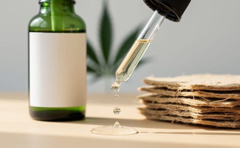Close-up of a glass dropper releasing clear droplets next to hemp fibers and a green-tinted CBD tincture bottle, with a softly blurred cannabis leaf background.