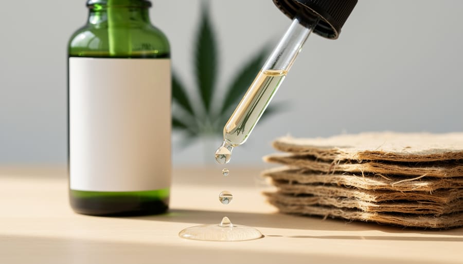 Close-up of a glass dropper releasing clear droplets next to hemp fibers and a green-tinted CBD tincture bottle, with a softly blurred cannabis leaf background.
