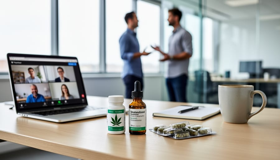 Prescription pill bottle and blister pack on a clean office desk beside a notepad and pen