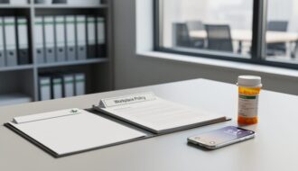 Modern office desk with workplace policy documents and a generic prescription bottle, representing THC medical use considerations in the workplace.