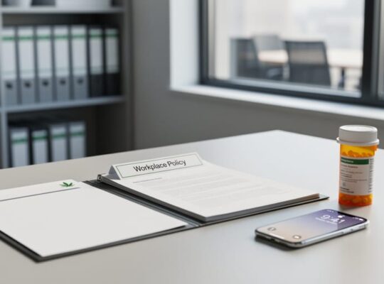 Modern office desk with workplace policy documents and a generic prescription bottle, representing THC medical use considerations in the workplace.