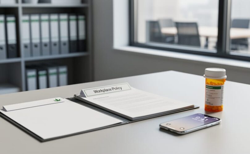 Modern office desk with workplace policy documents and a generic prescription bottle, representing THC medical use considerations in the workplace.