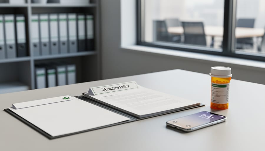 Modern office desk with workplace policy documents and a generic prescription bottle, representing THC medical use considerations in the workplace.