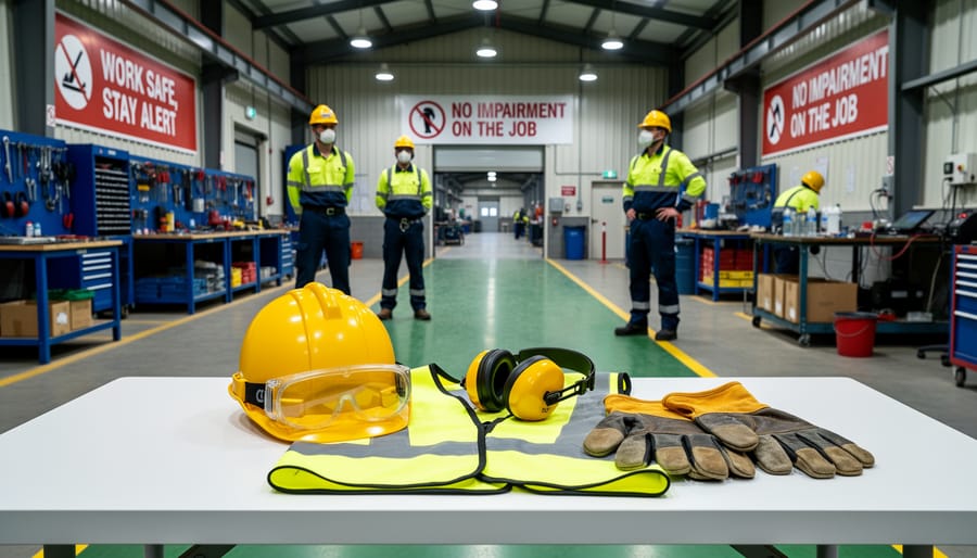Safety gear and high-visibility vest near an industrial workplace entrance with blurred machinery in the background